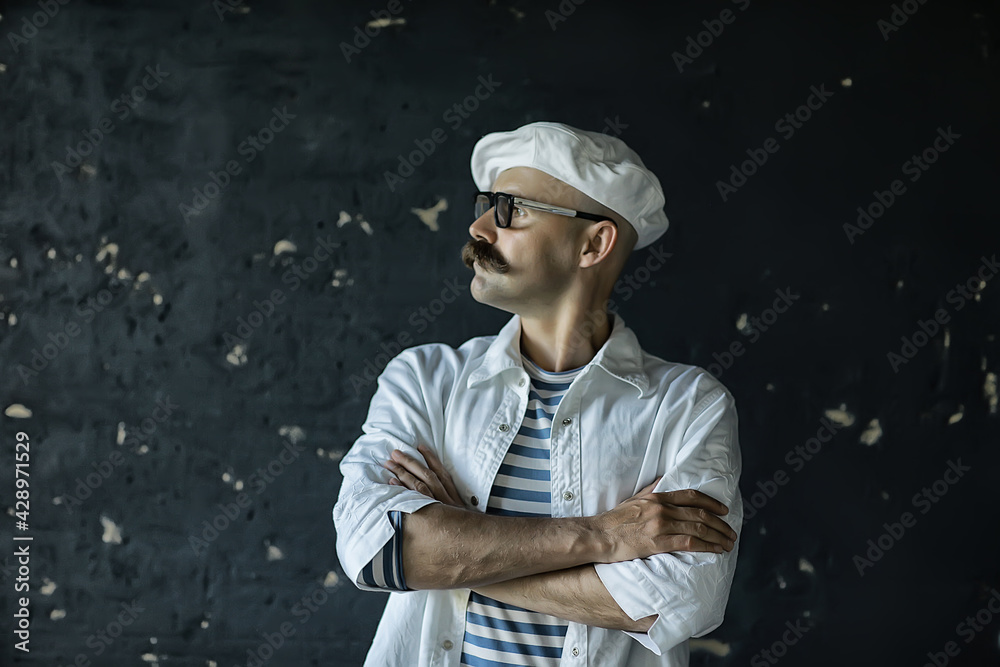 brutal cook with mustache, unusual marine chef in a vest, vintage style