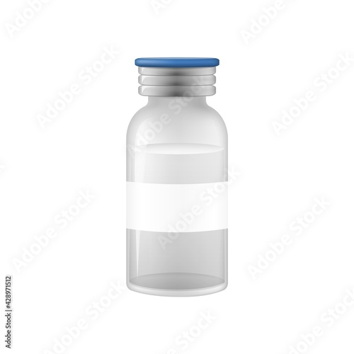Vaccine vial. Realistic vaccination with blue top glass of drug immunization.