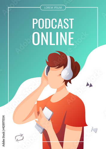 Young man with headphones listening to music, audio book or podcast. E-learning, online courses, relaxing concept. A4 vector illustration for flyer, poster, banner.