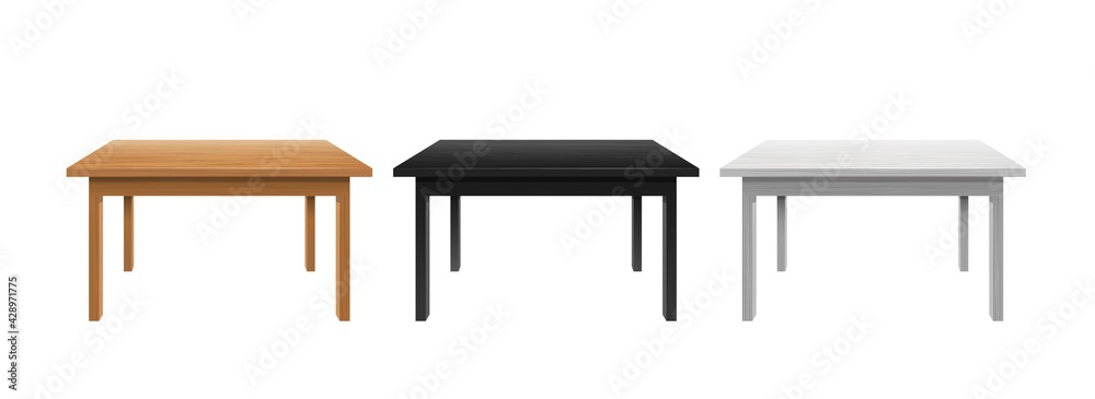 Writing and office tables template. Black lacquered wood table top with stylish white plastic surface.