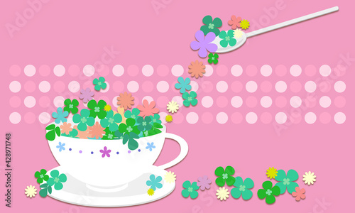 クローバーと小花をティーカップに盛ったイラスト004｜Illustration of clover and florets in a tea cup 004