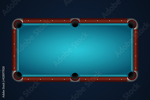 Empty billiard table top view. Surface covered with blue felt and black hole gambling.