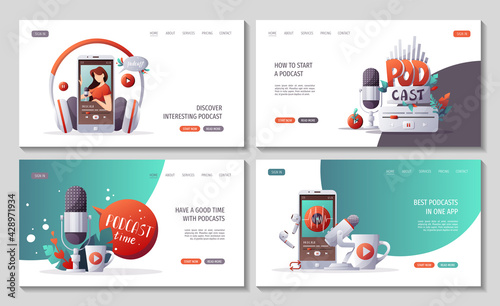 Set of web pages with collection of podcast. Streaming, Online show, blogging, podcasting, podcast apppodcast app, radio broadcasting concept. Vector illustration for poster, banner, website.