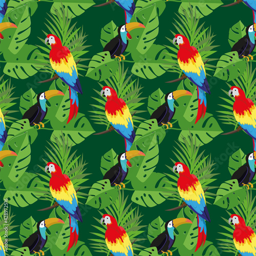 Seamless pattern with tropical greenery and tropical birds. Summer design element. Background for text or print for fabric. EPS10.