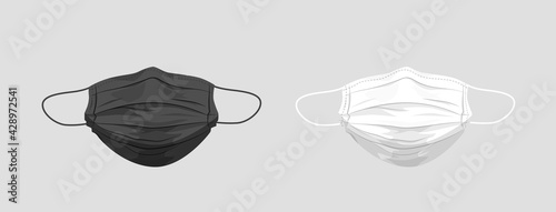 Protective medical masks template. White respiratory hygiene respirator for coronavirus pandemic with black antiviral vector membrane.