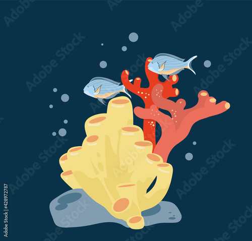 Coral reef at the bottom of the sea and tropical fish. An element of marine or summer design. EPS10.