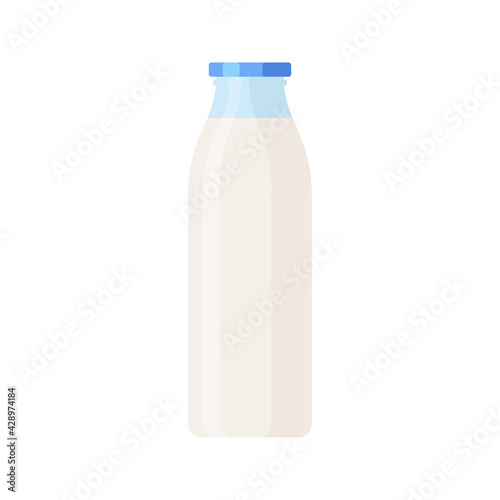 Glass Bottle of Milk Isolated Icon on White Background. Colorful vector milk glass container icon. Flat style template bottle of milk in white and blue colours