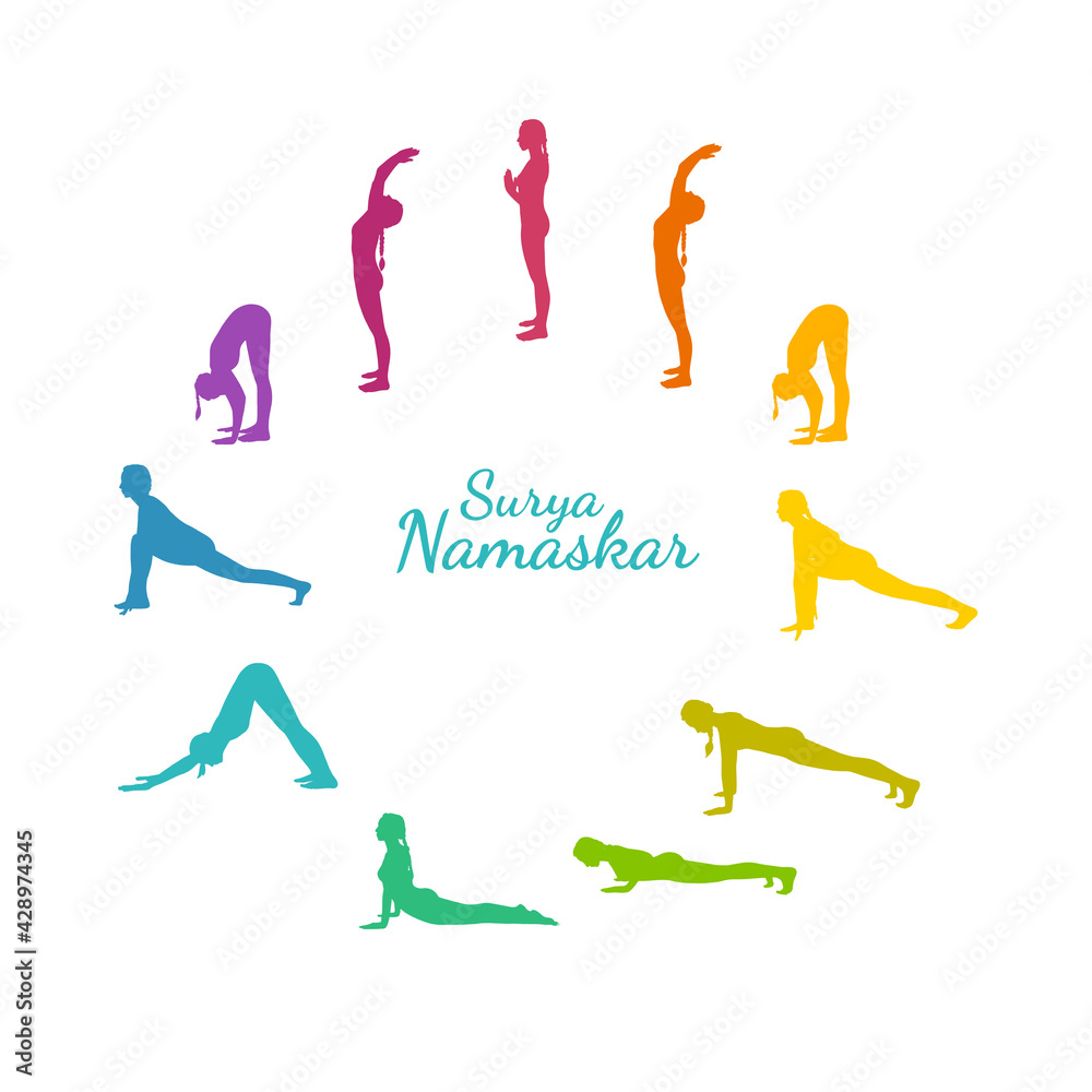 Yoga surya namaskar sequence. Sun salutating woman, morning yoga flow with all steps. Rainbow colored vector illustration