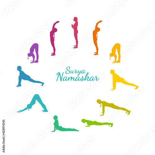 Yoga surya namaskar sequence. Sun salutating woman, morning yoga flow with all steps. Rainbow colored vector illustration