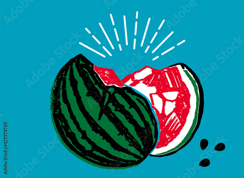 可愛いスイカの手描きイラスト。割れたスイカのイラスト。