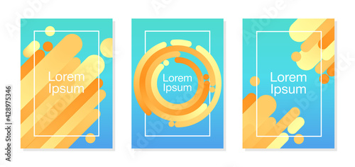 Bright colorful abstract design cover set. Vibrant orange to yellow gradient blend shapes on aquamarine blue background. Trendy poster, leaflet, flyer, print cover background design template vector.