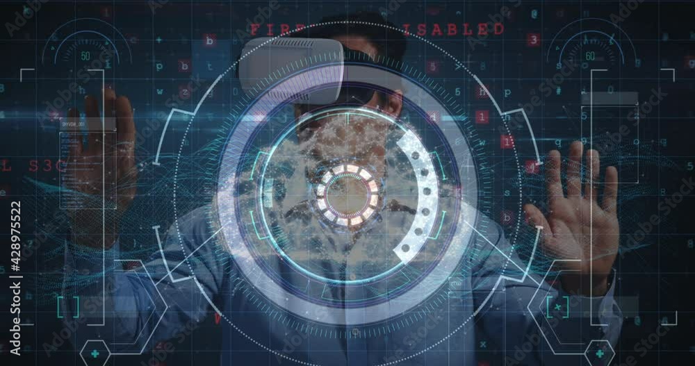 Scope scanning over data processing against man wearing vr headset touching futuristic screen Scope scanning over data processing against man wearing vr headset touching futuristic screen