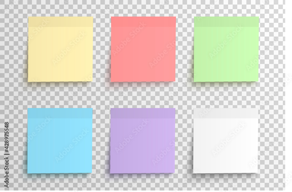 Realistic sticky notes collection, colored sheets of note paper templates on a transparent background