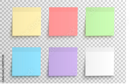 Realistic sticky notes collection, colored sheets of note paper templates on a transparent background photo