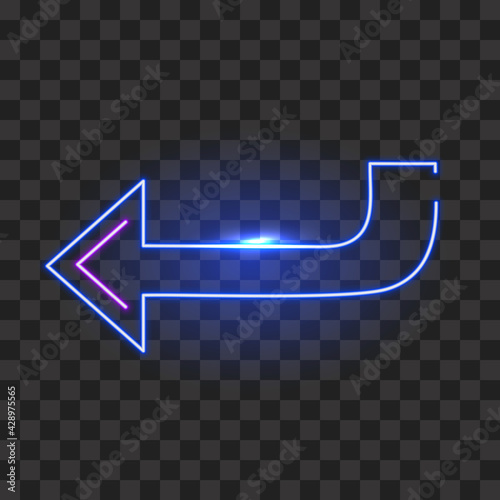 Neon curve arrow template isolated. Bright blue signpost with soft glow and advertising lights electric symbol of bars and vector casino.