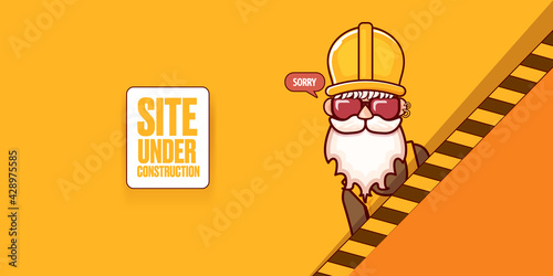 Site under construction orange web landing page design concept with funny worker and laptop.