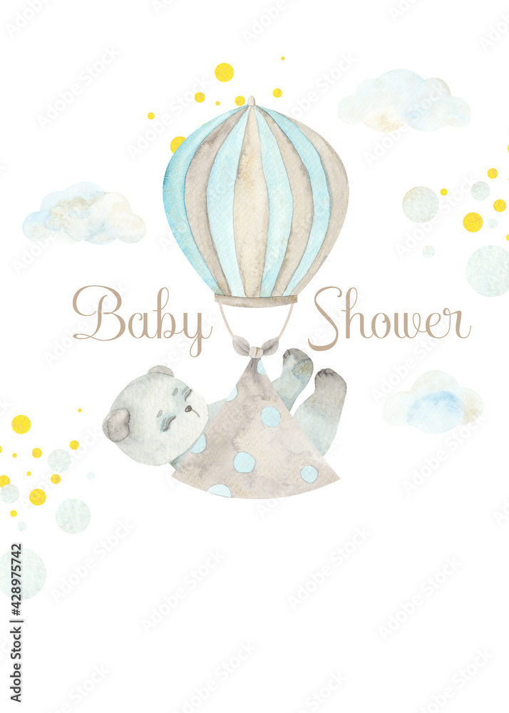 Watercolor hand painted newborn boy birthday card and baby shower invitation. Design for invitation, children decoration. Kid, flowers, baby, bear