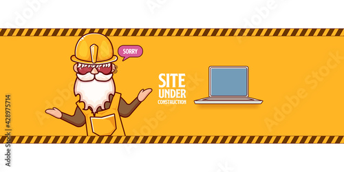 Site under construction orange web landing page design concept with funny worker and laptop.