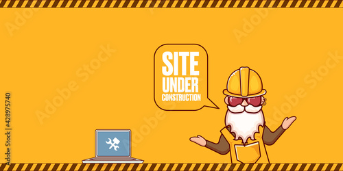 Site under construction orange web landing page design concept with funny worker and laptop.