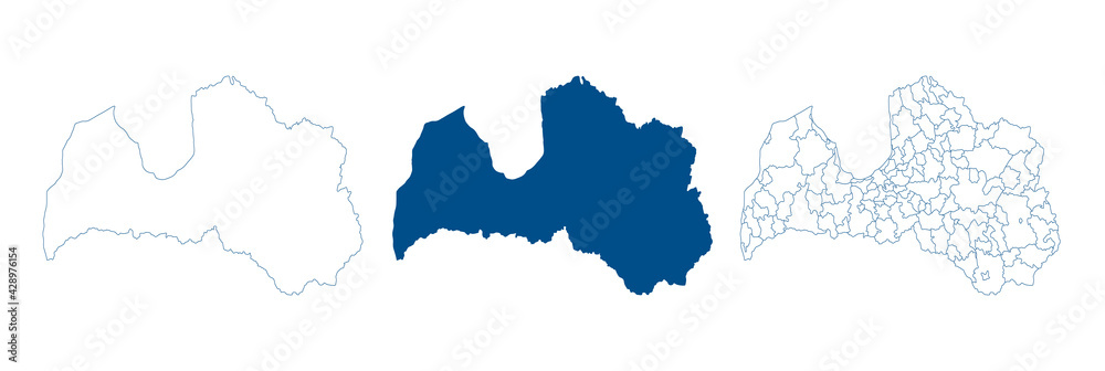 Latvia map vector. High detailed vector outline, blue silhouette and administrative divisions map of Latvia. All isolated on white background. Template for website, design, cover, infographics