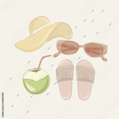 Vintage Summer set with flip-flops, sunglasses, hat. Hand drawn vector illustration. Perfect for summertime poster, card, scrapbooking , tag, invitation, sticker kit.