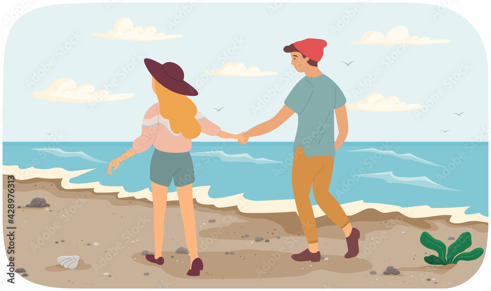 Stylish couple walks near ocean bank. Guy and girl hold on to handles. Family has date on coastline Stylish couple walks near ocean bank. Guy and girl hold on to handles. Family has date on coastline