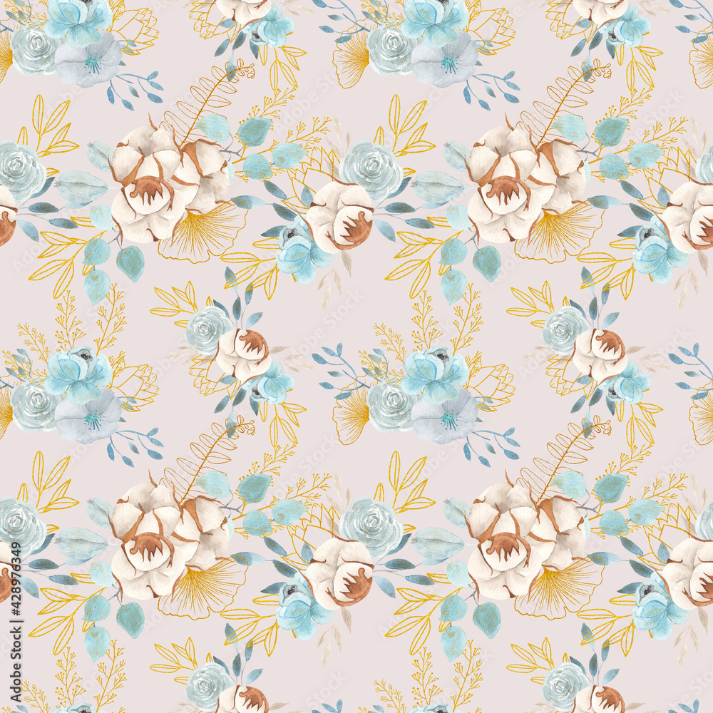 Watercolor floral seamless pattern with delicate blue and gray flowers, leaves, branches, twigs and gold elements isolated on white background