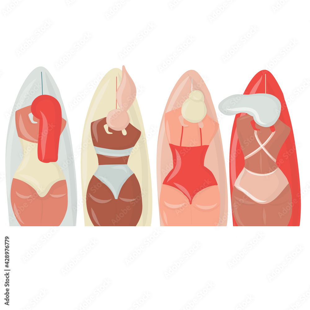 A girl in a swimsuit is surfing. Surfers women hold surfboards. Summer ocean surface water sport. Flat vector illustration.