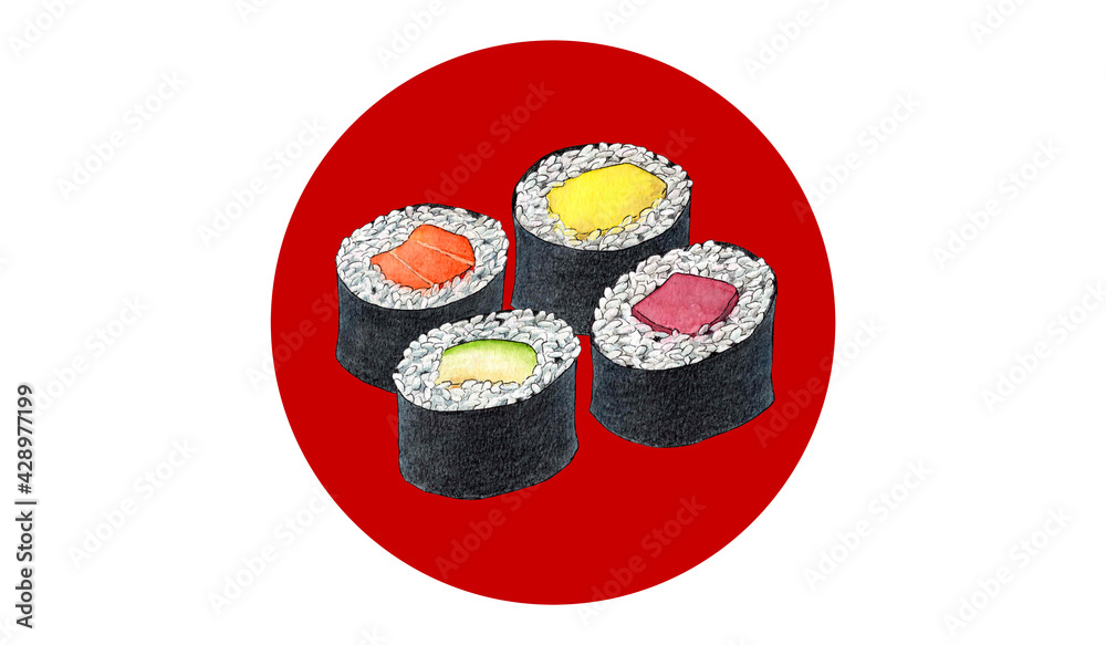 Comida japonesa. Sushi. Makis de salmón, atún, aguacate y mango. Acuarela. Bandera de Japón Comida japonesa. Sushi. Makis de salmón, atún, aguacate y mango. Acuarela. Bandera de Japón