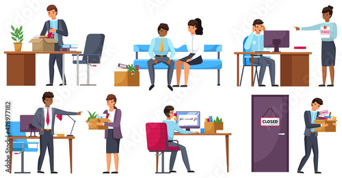 Layoff concept. Boss dismissed employee. Sad fired man leave the office with things, job search