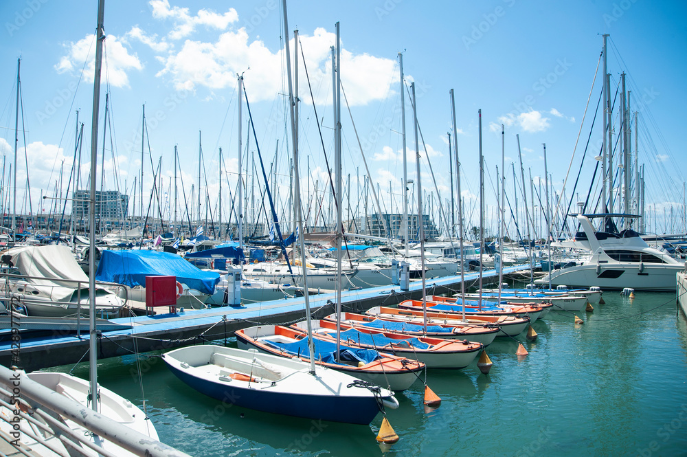 Famous Herzliya Marina with sailing yachts. Israel.
