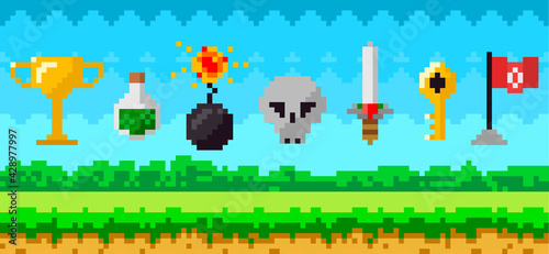 Pixel art game background with reward object in air. Pixel game scene with grass platform and awards