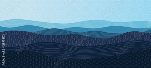 Blue abstract wavy background with patterns in oriental style. Vector modern sea water or ocean illustration for banner, card or print design