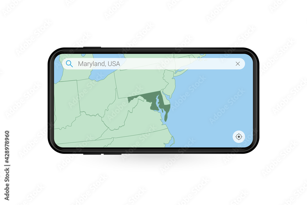 Searching map of Maryland in Smartphone map application. Map of Maryland in Cell Phone. Searching map of Maryland in Smartphone map application. Map of Maryland in Cell Phone.