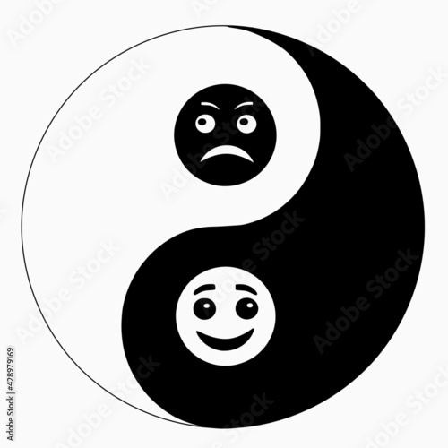 Black and white vector illustration of a yin yang symbol with smiling and sad faces in the center of the symbol.