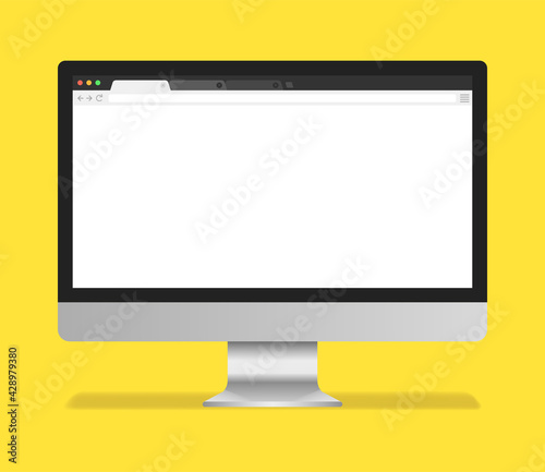 Browser mockup on computer screen. Browser in realistic style on yellow background. Vector illustration.