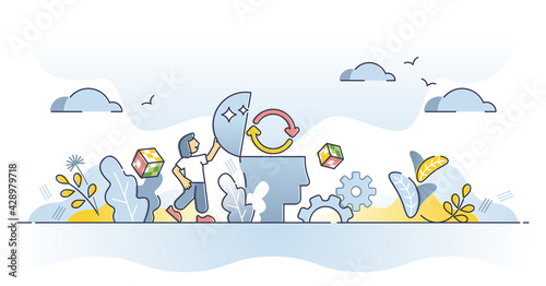 Conclusion and content overview or information rethinking outline concept. Summary results processing, data analysis and learning process vector illustration. Decision and opinion thoughts formation.