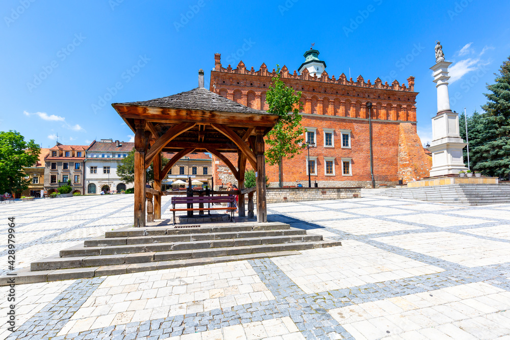 Fototapeta premium View on market with Sandomierz gothic Town Hall, old wooden well and 18th century statue of the Mother of God, Sandomierz, Poland