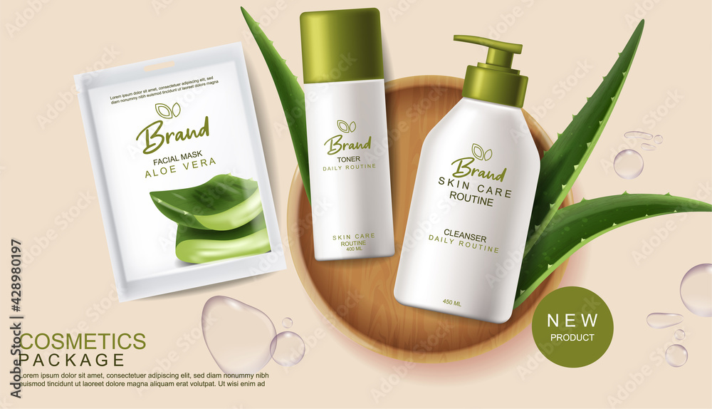 Aloe Vera cosmetics Vector realistic. Face mask and hydration cream  products placement mock up bottles. Packaging design label lotions. Splash  water drops backgrounds Stock-Vektorgrafik | Adobe Stock