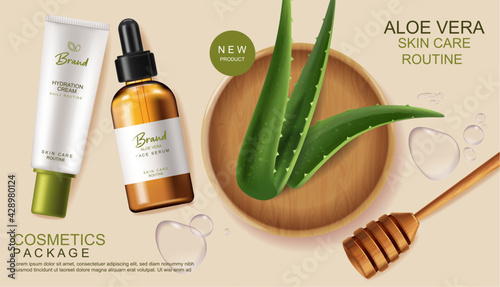Aloe Vera cosmetics Vector realistic. Serum and cream product placement mock ...