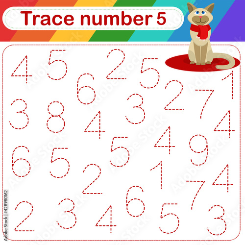 Vector Illustration of activity page for handwriting practice. Learning numbers for kids.Trace number design for learning handwriting