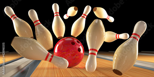 Bowling strike pins and bowling ball on the track. 3D render