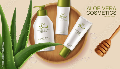 Aloe Vera cosmetics Vector realistic. Hydration cream products placement mock...