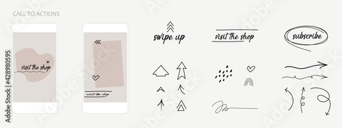 swipe up, subscribe, visit shop hand drawn vector stickers or icons. Instagram infographic template for e commerce. minimal abstract social media story button. post mockup element.