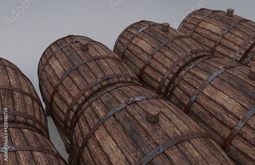 Wooden wine barrels. 3D render photo
