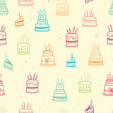 Cute doodle cakes seamless pattern, fun party background, great for Birthday Party, textiles, banners, wallpapers, wrapper - vector design