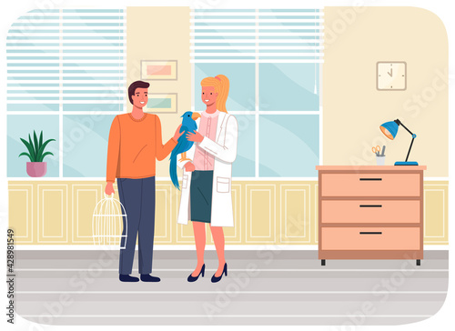 Veterinary care, treatment of wild birds. Veterinarian wooman talking to owner with ara parrot