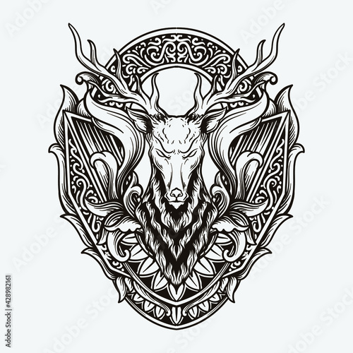 tattoo and t shirt design black and white hand drawn deer engraving ornament