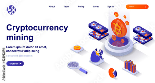 Cryptocurrency mining isometric landing page. Miner makes electronic money isometry concept. Bitcoin farm, profit growth 3d web banner. Vector illustration with people characters in flat design