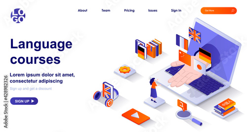 Language courses isometric landing page. Studying at language school isometry concept. Online education, distance learning 3d web banner. Vector illustration with people characters in flat design